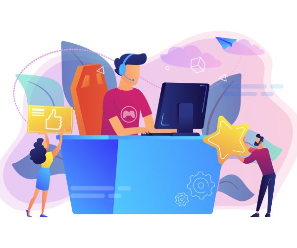 Professional e-sport player at desk playing video game and getting likes. E-sport, cybersport market, competitive computer gaming concept. Bright vibrant violet vector isolated illustration