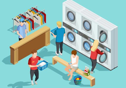 Self service coin public laundry facility interior with customers washing and drying clothes isometric poster vector illustration