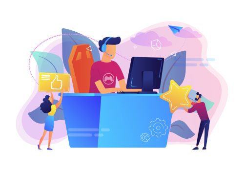 Professional e-sport player at desk playing video game and getting likes. E-sport, cybersport market, competitive computer gaming concept. Bright vibrant violet vector isolated illustration