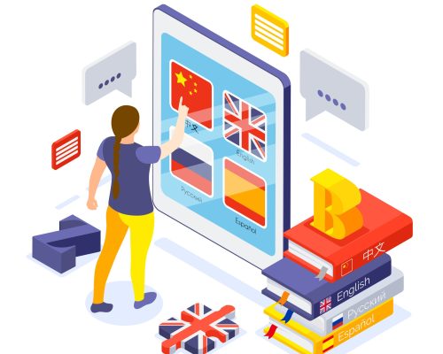 Online language courses isometric composition with with woman choosing chinese app on tablet screen vector illustration